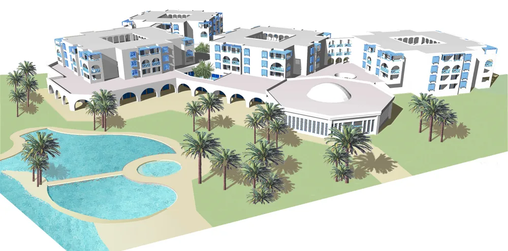 The hotel, the seawater spa and the pools