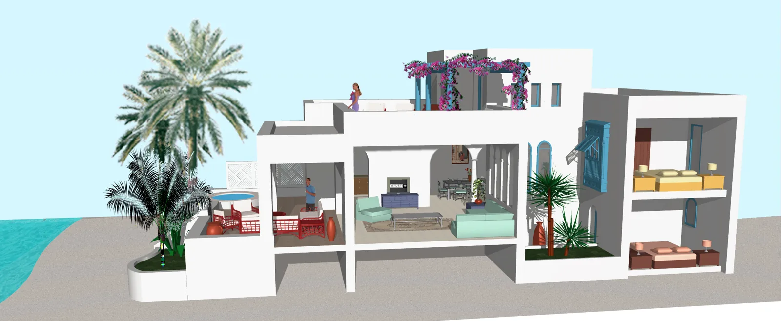 Villa model 2, 3D cutaway: terraces, patio and roof terrace